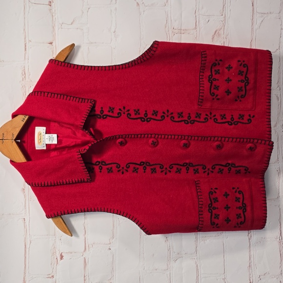 Talbots Jackets & Blazers - Talbots VTG Red Vest Black Blanket Stitching Embroidery Motif Size S